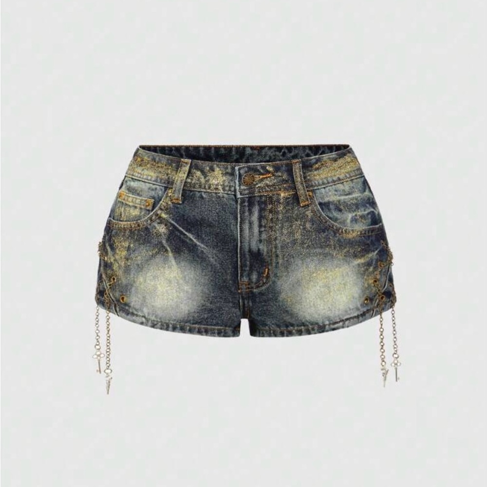SHEIN Distressed Blue Jean Shorts with Chains